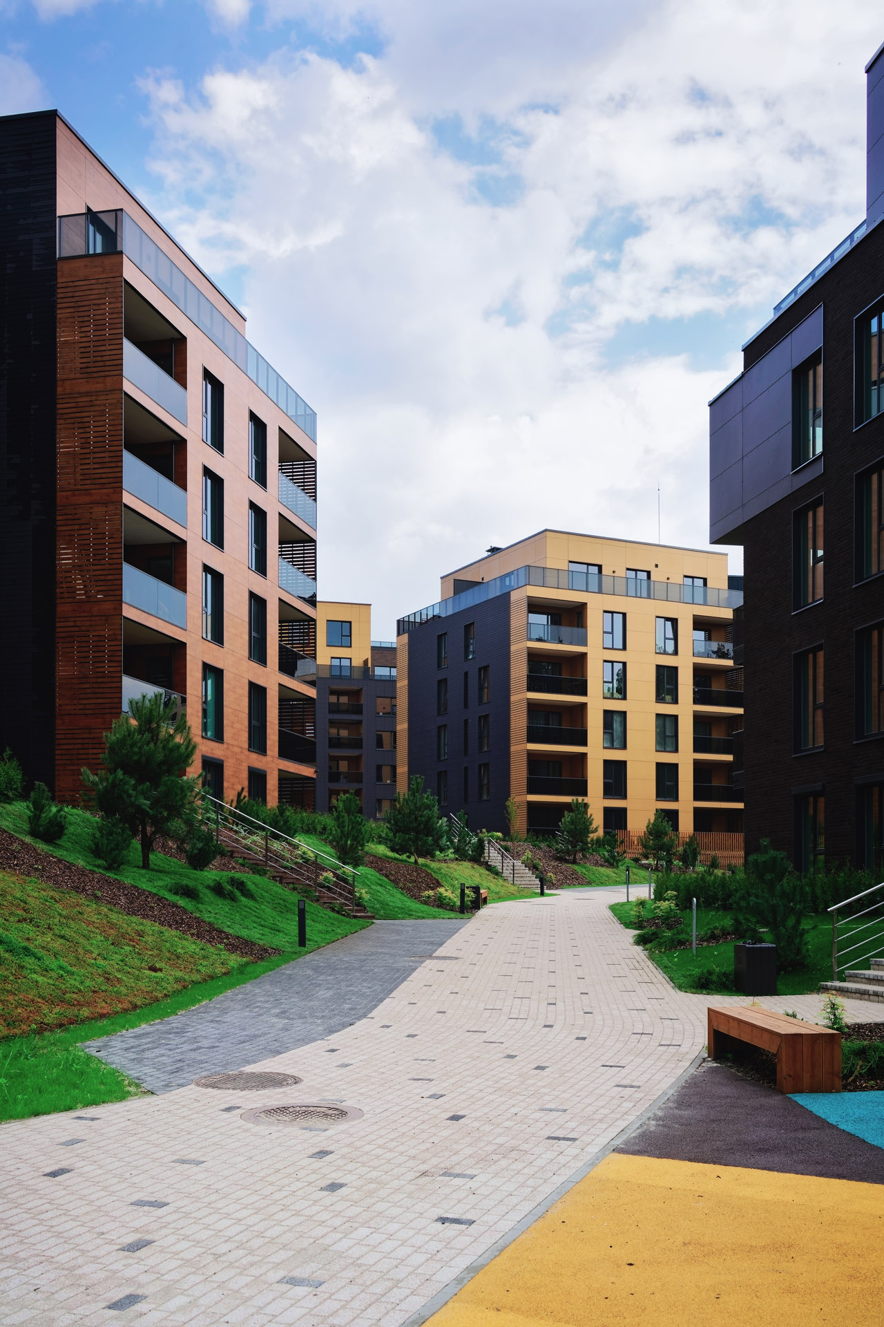 Complex of European residential apartment buildings. With outdoor facilities.